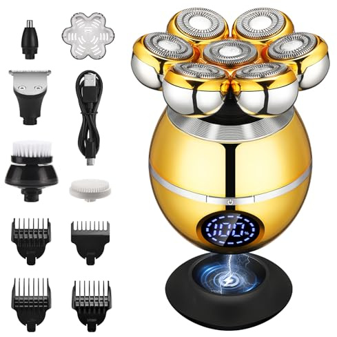 Haosens Rasoir électrique pour homme et femme - Kit de toilettage 5 en 1 - Rasoir rechargeable à usage humide/sec avec lames rotatives flottantes 7D, tondeuse, tondeuse nez, brosse, masseur