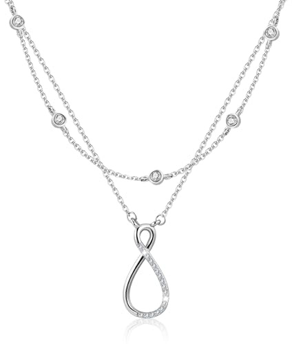 ALEXCRAFT 14K Vergoldet Layered Kette 2in1 Silber Zirkonia Halskette Damen | Verstellbares Doppel Stapelbare 2 Layered Kette mit Zirkonia Anhänger Halskette Boho Layering Schmuck Ketten Damen Frauen