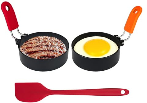 YUUTIAL Egg Rings for Frying 2Pack,Fried Egg Ring with Anti-Scald Folding Handle Silicone Spatulas,Stainless Steel Non Stick Egg Moulds for Frying Eggs Pancake Sandwiches Mini Burger (2)