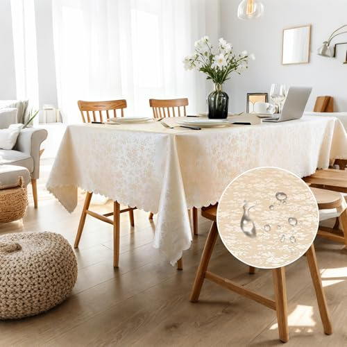 Bordsduk tvättbar utomhus rektangulär 140 x 240 cm vattenavvisande bordslinne vattentät bordsduk för matsal, trädgård, fest, bröllop, hushåll (beige)