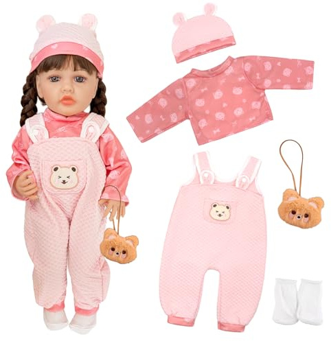 5 pezzi di abbigliamento per bambole per bambole da 20-22 pollici, adorabile tuta rosa da 50 cm per bambola con 1 top con stampa orso + 1 tuta + 1 berretto + 1 ciondolo orso + calzini, regali per