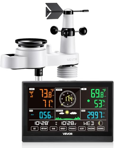 VEVOR Station Météo Sans Fil 5 en 1, Station Météo Solaire Intérieur Extérieur, avec Écran VA 190,5 mm, Capteur, Prévisions, Température, Humidité, Vitesse et Direction Vent, Précipitations, Sans Wifi