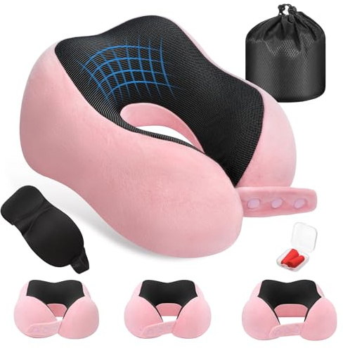 Travel Pillow for Airplane, Neck Pillow for Travel with Memory Foam, Adjustable Flight Pillow for Adults, Ergonomic Compact Cushion with Eye Mask, Earplugs & Portable Bag