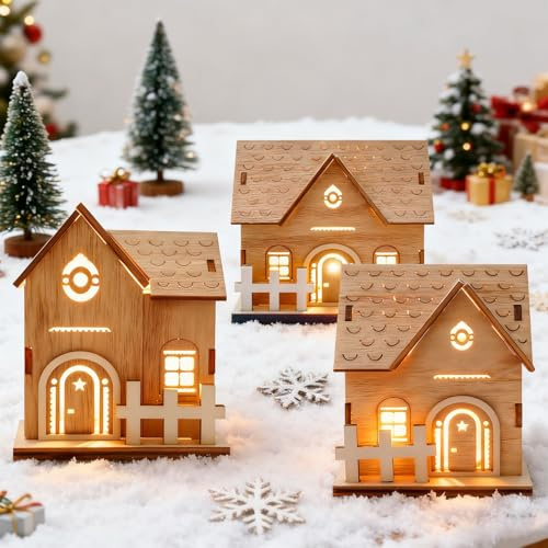 Behogan 3 pezzi LED villaggio di Natale in legno, casa di Natale con illuminazione, casa di Natale in legno, decorazione natalizia per la casa, decorazione da tavolo per le vacanze, decorazione della