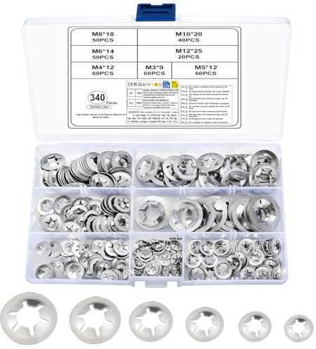 Lot de 340 rondelles Starlock, rondelles de verrouillage rapide à denture interne, clips de vitesse à pousser, rondelles Starlock assortiments – Acier inoxydable, argent, M3/M4/M5/M6/M8/M10/M12
