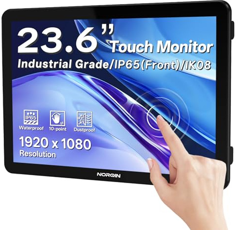 NORQIN Monitor Touchscreen Industriale 23,6 Pollici, IP65 Impermeabile | 1920×1080 LCD Monitor Touch,Capacitivo 10 Punti,Montaggio VESA,HDMI/VGA/DVI/USB,Schermo Robusto per Chioschi,POS & Magazzino