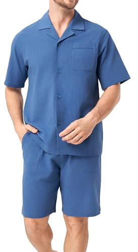 DAVID ARCHY Ensemble pyjama homme 100 % coton aspect lin - Mode estivale de vacances - Haut - Revers à manches courtes - Léger - Lounge PJ avec poches - Haut à manches courtes - Short, M