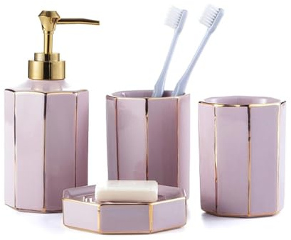 Bathroom Sets Juego de cerámica for baño, Color Verde, 4 Piezas: dispensador jabón con Plato y 2 Vasos for cepillos Dientes Coastal Decor(Pink)