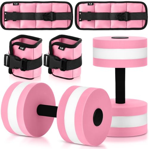 Hollowfly Water Aerobics Set, 4 Piece Pool Exercise Kit (2 Aquatic Dumbbells + 2 Ankle/wrist Weights), EVA Foam, Low-impact Workout(Pink,1lb)