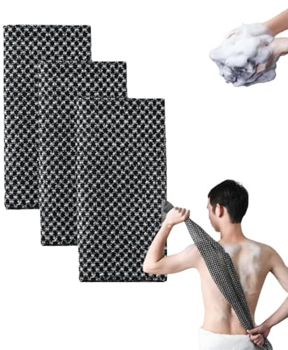 Serviette De Douche Exfoliante Ecovia™Gant de Gommage en Fibre de Bambou et Charbon Ecovia - Serviette de Douche Exfoliante Naturelle pour Exfoliation Douce du Corps (3 Pcs,Grille noire)