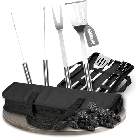 3 grillset med bärväska – rostfritt stål grillbestick med grilltång, grillgaffel och vändbar – presentidé för män till fars dag – perfekta grilltillbehör och campingtillbehör, färg: grå