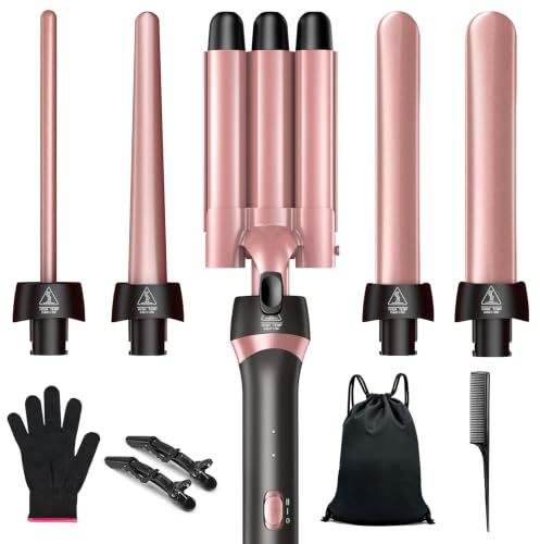 5 i 1 Locktång & 3-Barrel Hair Crimper Set med Utbytbara Keramiska Barrels, Snabb Uppvärmning, Dubbel Spänning Rese Hårverktyg, Födelsedagspresent för Kvinnor – Locktångssats för Lockar & Blowout