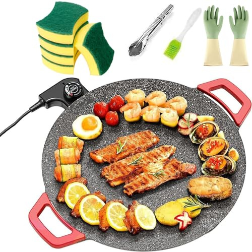 Grill elettrico senza fumo aggiornato per interni e griglia antiaderente, griglia da tavolo compatta a riscaldamento rapido, per bistecche, hamburger, pancake, barbecue, include pennello a olio 30cm