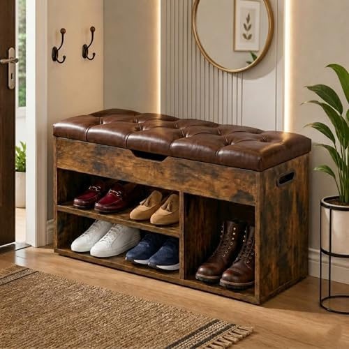 Wooden Shoe Storage Bench Tufted Leather Cushion Seat, 80Cm, Brown Leather | 3 compartments with hidden storage shelves and 150kg capacity; ideal for hallway, lounge, bedroom or entrance
