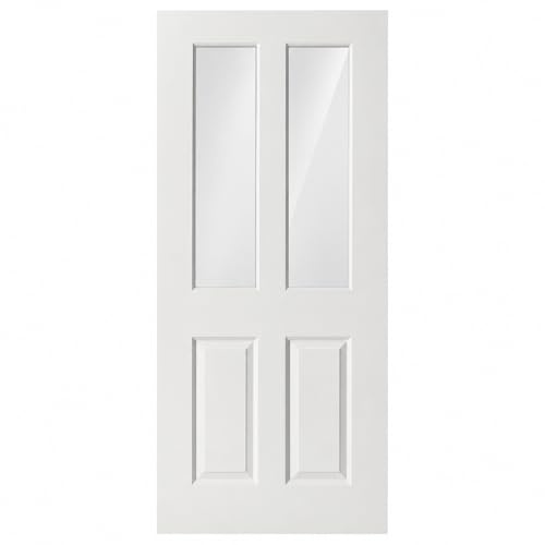 Premdor Internal Door, Clear Glass, White Primed Smooth 2 Panel 2 Clear Light, Hollow Core Construction, Primed White, Ready for Final Painting, 762 x 1981mm (30x78) with 35mm Thickness