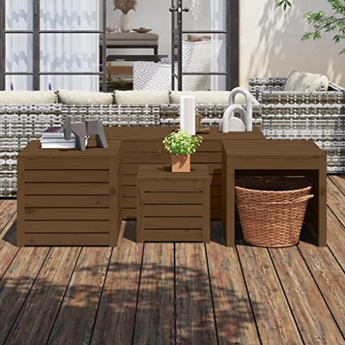 kithwjll Set di 4 scatole da giardino in legno massello di pino marrone miele, con vano portaoggetti, cassapanca e tavolo da giardino, per terrazza, balcone, giardino, ordine e conservazione