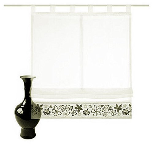 Gardinenbox.eu Raffrollo, mit Schlaufen und Tunneldurchzug, Farbe Weiß, Stickerei Taupe, transparenter Stoff, inkl. Montageanleitung und Zubehör, Waschbar, Maße HxB 140x45 cm