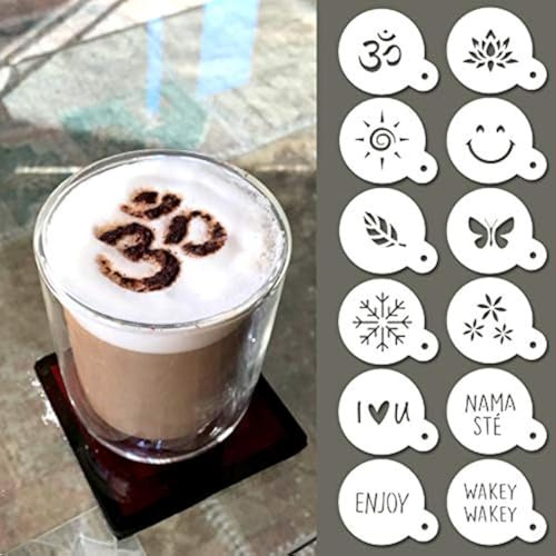 QBIX Cappuccino-Schablonen - wiederverwendbare Barista-Schablonen - Kaffee-Schablonen - 12 Stück - Yoga, Natur & gute Stimmung