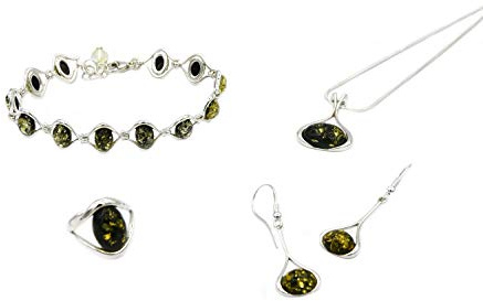 MyBer Parure de bijoux pour femme en argent 925 avec collier, pendentif, bracelet, boucles d'oreilles et bague en ambre vert, Argent sterling Ambre, Ambre