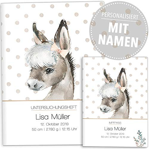 OLGS U-Hefthülle und Impfpasshülle als Set Bauernhof | Untersuchungsheft- & Impfpass Hülle mit Namen und Geburtsdatum, Geschenk zur Geburts des Kindes - U-Heft Set personalisiert, Esel Mädchen