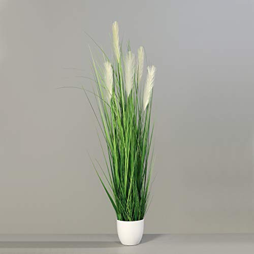 Seidenblumen Roß Pampasgras im weißen Dekotopf DP Dekogras Kunstgras künstliches Gras Kunstpflanzen (150cm)