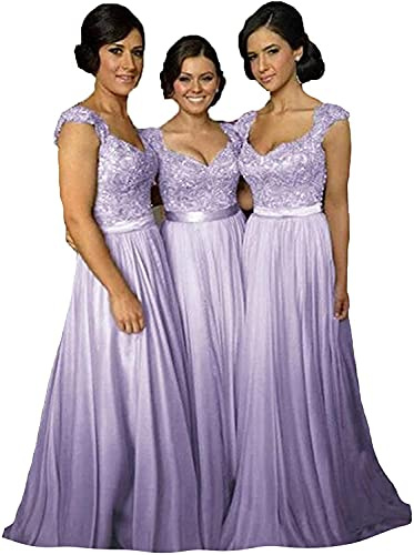 dinavian Langes Maxikleid für Damen, Chiffon-Applikationen, Spitze, für Brautjungfer, Hochzeitskleid, Flieder, 32