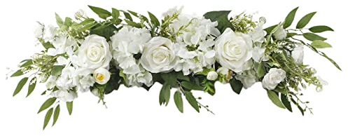 INIFLM Künstliche Rosenblüten-Girlande, 49,7 cm, Hochzeitsbogen, Kranz, Blumen, Kunstgirlande mit Rose und grünen Blättern, für Zuhause, Hochzeit, Wandtürdekoration, Weiß, 25.6inch