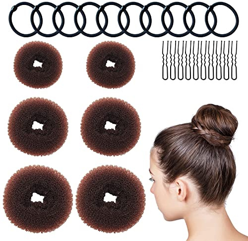 Donut Hair Bun Set,VEGCOO 6 Stück Donut-Haarknoten(3Größe),mit 10 elastischen Haarband,10 U-Form Haarspange Haarnadel,Duttkissen Frisurenhilfe Set,Haarknoten Former(Brown)