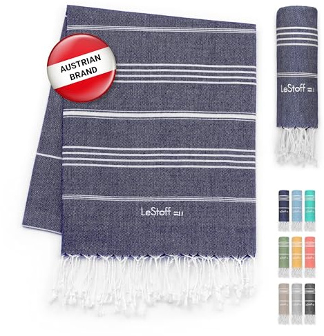 LeStoff Hamamhandduk XXL Picknickfilt, 100% ekobomull, 200x200 cm, Mörkblå | XXL strandfilt för yoga, camping och resor – sandfri, förtvättad, lätt, absorberande och snabbtorkande