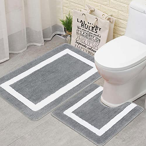 Famibay Bath Mat Sets 2 Piece Washable Bathroom Mat and Pedestal Set Non Slip Bathroom Floor Mat Microfiber Super Absorbent Toliet Mat