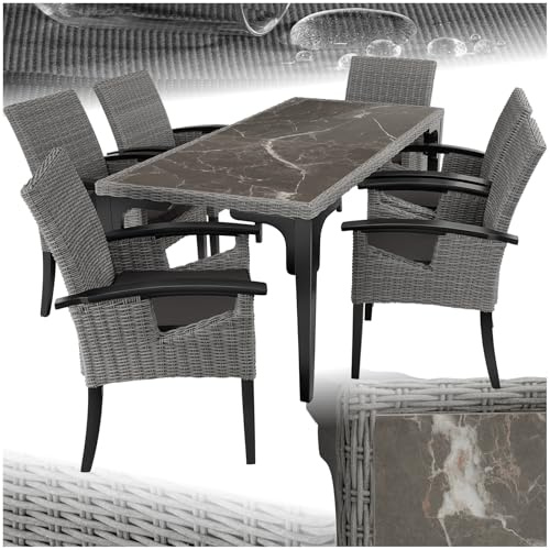 tectake® Rattan Möbel Set, 6X Stühle, 1x Tisch, modern, Korbsessel mit Armlehne, Esstisch Marmor Optik, Esszimmer Lounge Gartenmöbel für Balkon, Terrasse, Wintergarten, Outdoor Küche - grau