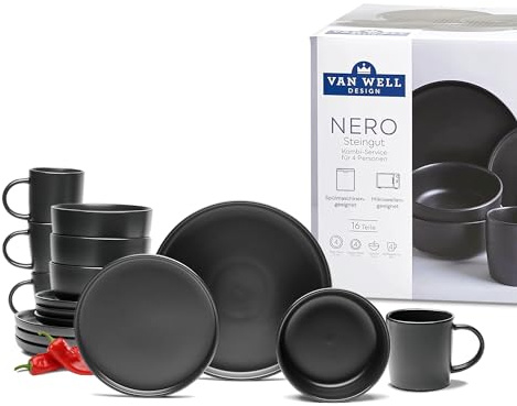 VAN WELL Service de table haut de gamme Nero - Noir mat élégant pour 4 personnes - 4 bols à céréales, 4 assiettes de présentation, 4 soucoupes, 4 tasses - Passe au lave-vaisselle et au micro-ondes