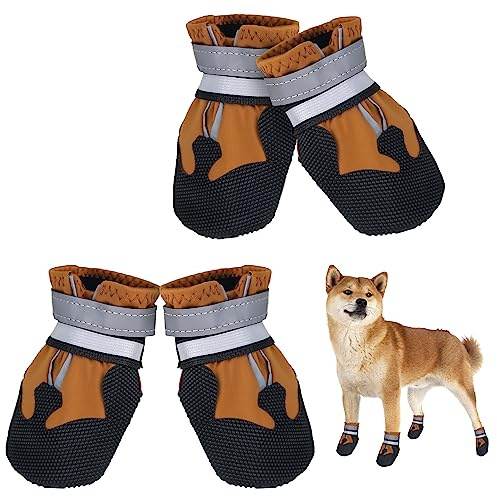 Avvrel Hundestiefel – 4 Stück, rutschfest, mit reflektierendem Riemen, wasserdicht, Schutz für kleine bis mittelgroße Hunde (S, Braun)