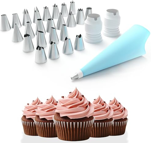 ZENO Piping Bags and Icing Nozzles - 24 Piece Cake Decorating Set | Stainless Steel Nozzles | Reusable Silicone Piping Bag | Suitable for Cakes, Cupcakes, Cookies
