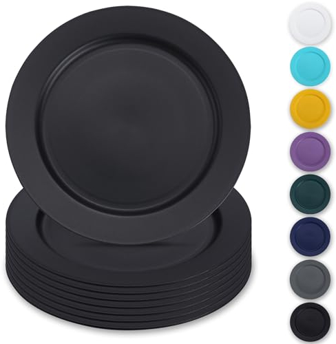 Berglander Noir Assiettes en plastique de 8 pièces 25cm, plates réutilisables, assiettes à salade, bols de pâtes, vaisselle facile à transporter pour la maison, jardin, pique-, camping, extérieur