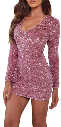 Duohropke Pailletten Kleid Damen Pink Hochzeit Glitzer Cocktailkleid Elegant Sexy Hochzeitskleid Boho Kleid Ärmellos Rundhals Wickelkleid Vintage Rockabilly Kostüm Karneval Kostüm