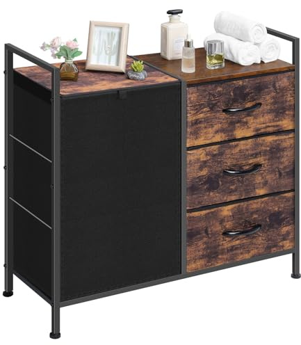 Laundry Hamper, Laundry Basket, Laundry Sorter with 3 Cloth Drawer and 1 Large Removable Dirty Clothes Bag, Shelf, Metal Frame, Wooden Tabletop, 30.8 x 11.3 x 29.1 Inches, Rustic Brown and Black