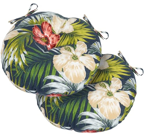 Magpie Fabrics Outdoor Round Bistro Seat Cushions with Ties, 15x15x4 Set of 2, Tufted Waterproof Barstool Chair Pads for Patio Home Garden Office, Midnight Floral