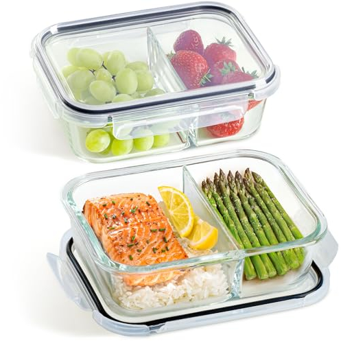 Praknu Meal Prep Cristal Con 2 Compartimentos - Juego de 2 Recipientes Hermeticos - 1 Litro - Aptos Para Lavavajillas, Microondas Y Horno