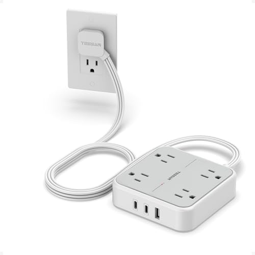 TESSAN Surge Protector Power Strip with 3 USB (2 USB C) 4 Outlets, Flat Plug Extension Cord 5 Ft, 900J Surge Protection, Multiple Charging Station with Power Switch for Home, Office, Dorm Room, Gray