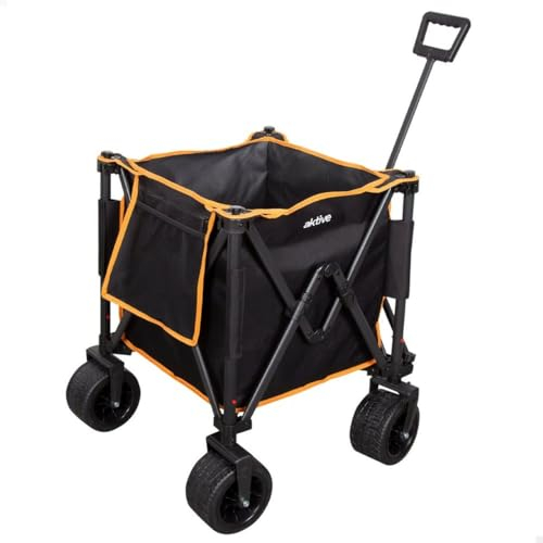 AKTIVE Chariot de Transport Pliable, Plage, Jardin, Camping, Jusqu'à 80 kg, roulettes Robustes et roulettes Pivotantes à 360° avec Frein, Poignée Multiangle, avec Pochette, Noir et Orange