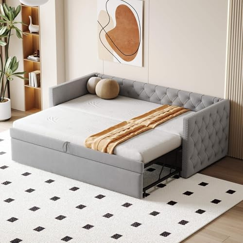 YCYDHDM Tagesbett Polsterbett 90x200 cm mit Ausziehbarem Bett und Lattenrost, Schlafsofa mit Rückenlehne, Sofabett für Wohnzimmer und Gästezimmer, Samtstoff, Ohne Matratze, Hellgrau