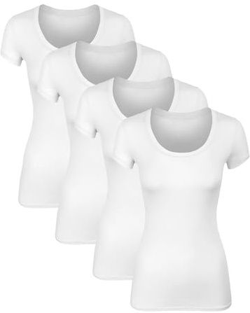 Sugar Sunday 4 Pack Cotton Tshirts for Women Short Sleeve Scoop Neck Tshirt Basic Tees Plain T Shirt Womens Casual Tops Tee Shirt Undershirt White Medium