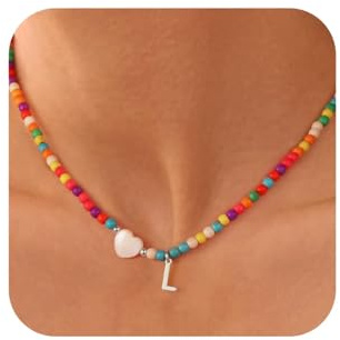 TINGN Bunte Perlenkette Damen mit Buchstaben A-Z Bunte Perlenkette Mädchen Boho Herz Kette Damen Schmuck Teenager Mädchen Geschenke für Frauen Personalisierte Geschenke