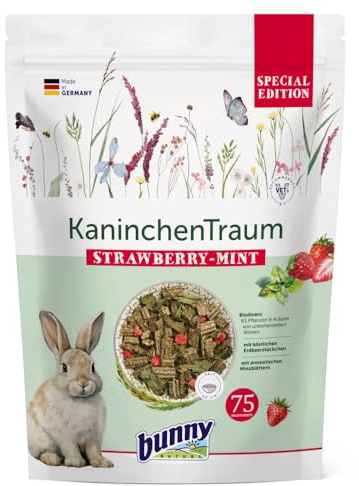 Bunny Coniglio-Traum Special Edition Strawberry-Menta | 1,5 kg | Alimento completo per conigli nani | Per pelle, pelliccia, denti e flora intestinale | Con pezzi di fragola e foglie di menta