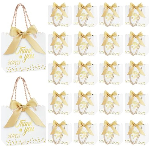 30PCS Bolsas de Regalo con Lazos y Asa, SHAIDOJIO Blanco Bolsitas para Regalos de Fiesta con Oro Lazo, Bolsas Papel Pequeñas para Duchas de Bodas Duchas para Bebés
