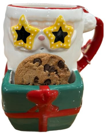 eBoutik - Festive Novelty Christmas Mug with Cookie Holder - Xmas Eve Movie Treat Gift Hot Chocolate Cup for Children & Adults - (Santa Star Glasses)