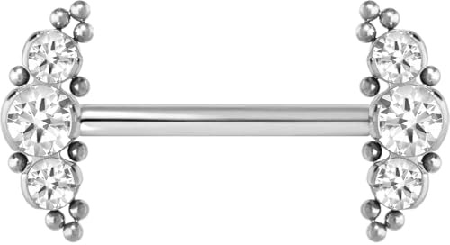 PIERCINGLINE Titan Barbell mit Push Fit 3 KRISTALLE + KUGELN Brustwarzenpiercing Nippelpiercing Farb & Größenauswahl