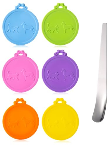 SLSON Couvercles en Silicone Réutilisables pour Boîtes de Conserve pour Chien/Chat, Lot de 6, avec Cuillère en Acier Inoxydable