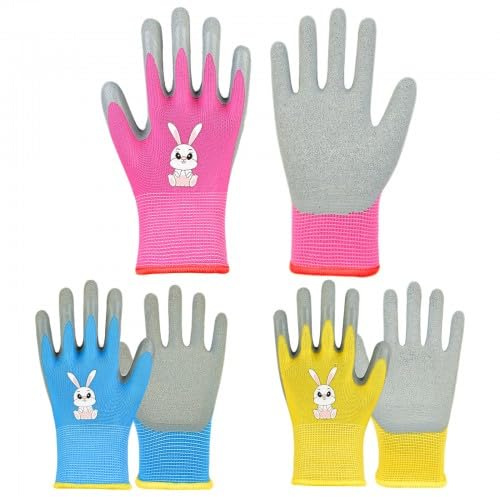 Husalsea 3 pares de guantes de jardinería para niños, guantes de trabajo para niños de 7 a 11 años, impermeables, transpirables, para jardinería y juegos al aire libre